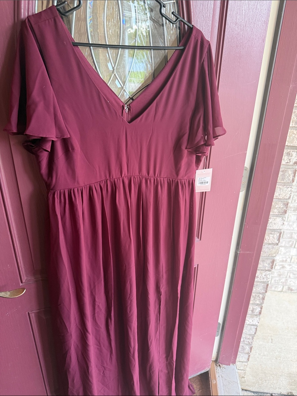 Birdy Grey Burgundy V-Neck Flutter Sleeve Maxi